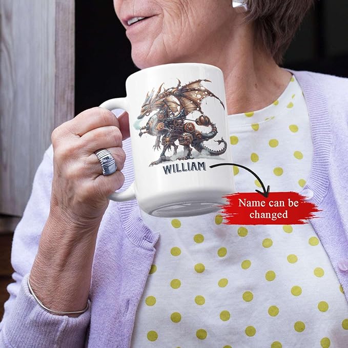 Personalized Name Dragon Lover Ceramic Mug 15oz, Custom Mechanical Dragon Design Coffee Cup, Unique Dragon Mug Gift For Fantasy Enthusiasts, Customized Kid Cup On Birthday, Holiday-Ruum Studio Home
