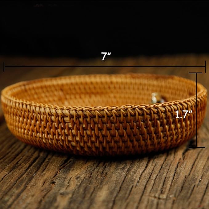 Hadewoven Round Rattan Fruit Basket Wicker Food Tray Weaving Storage Holder Dinning Room Bowl, 7”Decorative Natural Basket Woven Fruit Basket Bowl for Entryway Table, Countertop (Small 7”)-Ruum Studio Home