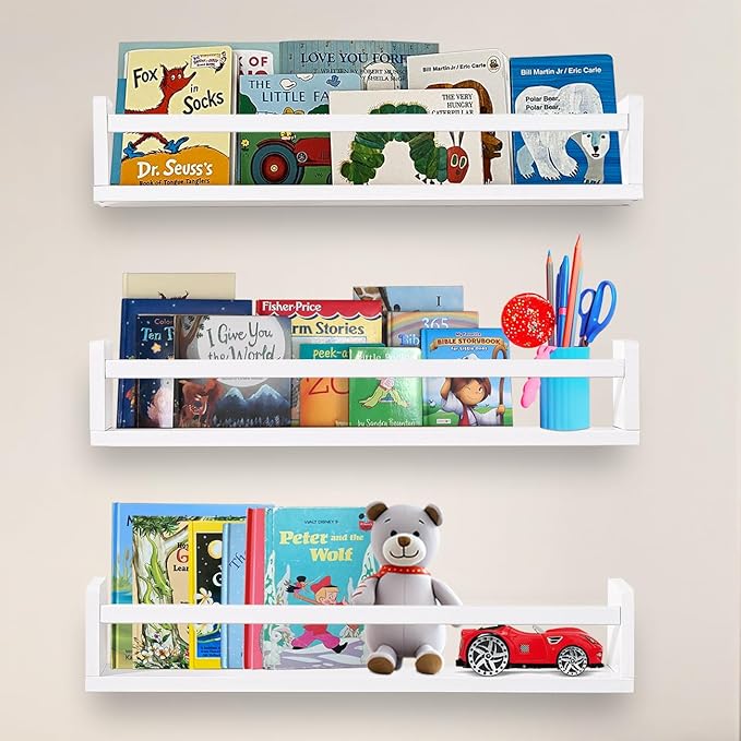 AZSKY Nursery Bookshelves White, 24 Inch Floating Bookshelves for Wall Set of 3, Baby Kids Decor, Solid Wood Wall Mounted Shelves for Books, Toys and Decor Storage-Ruum Studio Home