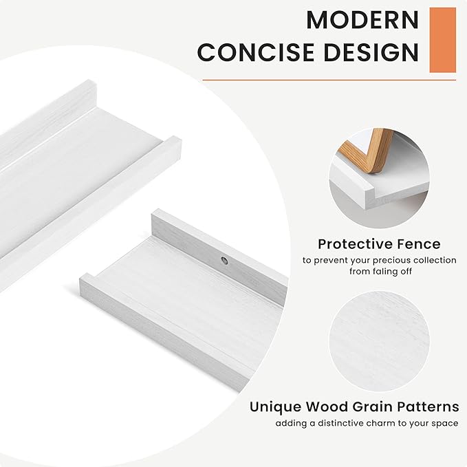 Solid Ash Wood Picture Ledge Shelf, 24 Inch Floating Shelves with Lip Set of 2, Photo Ledge Shelf Nursery Bookshelf Wall Mounted for Living Room Bedroom Decor, White-Ruum Studio Home
