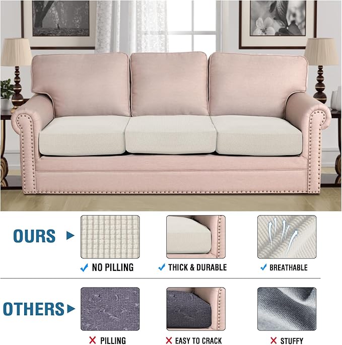 H.VERSAILTEX Super Stretch Individual Seat Cushion Covers Sofa Covers Couch Covers Slipcover Sets Thick Jacquard Textured Twill Fabric (3 Piece XL Sofa Cushion Covers, Porcelain)-Ruum Studio Home