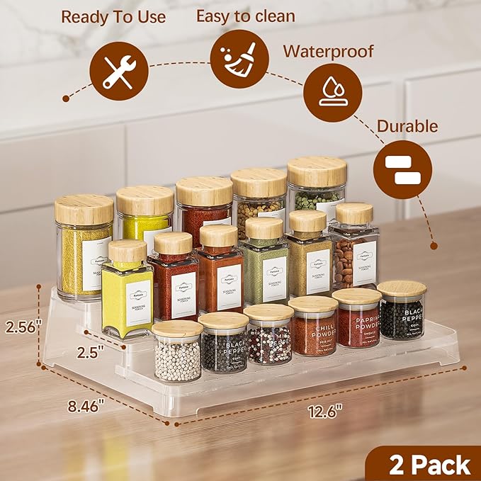 MUDEELA 2 Pack 3 Tier Spice Rack Organizer for Cabinet 11.6-Inch Spice Organization for Pantry, Non-Skid Spice Shelf with Protection Railing, Versatile Seasoning Organizer for Kitchen Counter-Ruum Studio Home