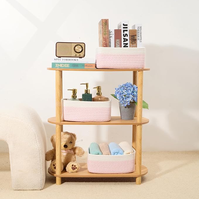 Small Storage Baskets for Organizing | Closet Organizer Bins | Shelf Toy Basket | Woven Rope Baskets | Cube Decorative Box | Shallow Basket | 11.5x7.5x4.7” | 3 Packs White Pink-Ruum Studio Home