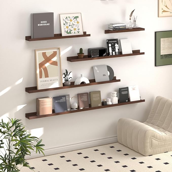 SAUMONIERES Picture Ledge Shelf Floating Book Shelves Set of 2 Wall Mounted Solid Wood for Bedroom Bathroom Living Room Kitchen, 72 Inch Walnut-Ruum Studio Home