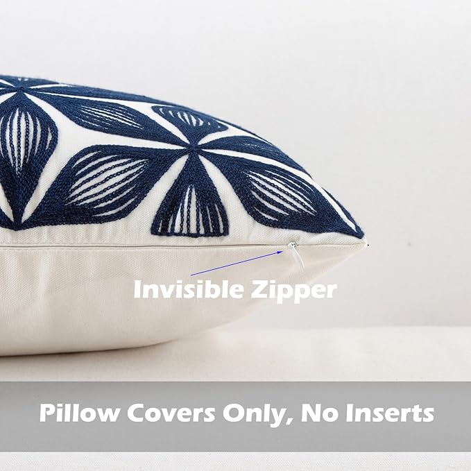 HWY 50 Navy Blue Decorative Throw Pillow Covers 18x18 Inch (1 Piece), Embroidered Cotton Farmhouse Cushion Cover Pillow Case for Sofa Couch Living Room Bed, Fashion Geometric-Ruum Studio Home