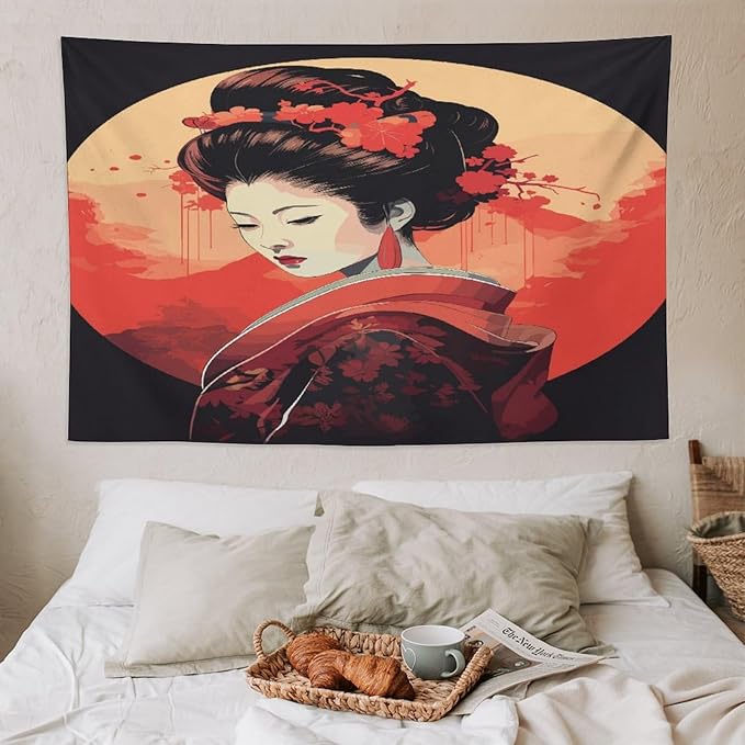 Japanese Woman Geisha Tapestry Asian Cherry Blossom Red Sun Traditional Kimono Folk Tapestries Home Decor for Living Room Bedroom Apartment Farmhouse Dorm 90"x60"-Ruum Studio Home
