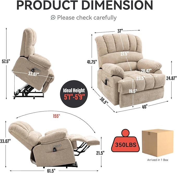 Large Power Lift Recliner Chair with Massage and Heat for Elderly, Ergonomic Backrest, Infinite Adjust, 2 Side Pockets,USB and Type-C Ports, Chenille Beige-Ruum Studio Home