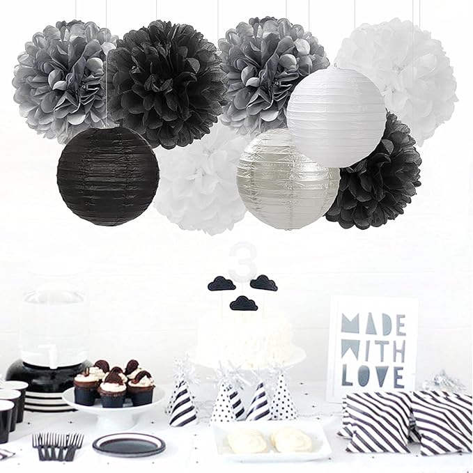 Black White Silver Party-Decorations Paper Flowers Lanterns - 15PCS Birthday Halloween Wedding Tissue Pom Poms Streamers, Halloween Prom Baby Shower Bachelorette Hanging Supplies Decor Hugfond-Ruum Studio Home