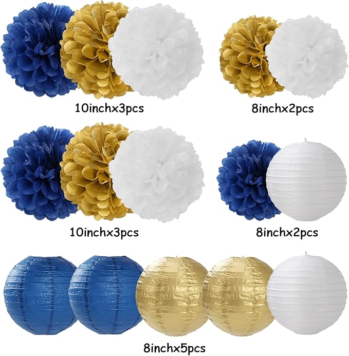 Navy-Blue Gold Party-Decorations Paper-Flowers Lanterns - 15PCS Royal White Baby Bridal Shower Tissue Pom Poms Streamers, Bachelorette Birthday Wedding Graduation Hanging Supplies Decor Hugfond-Ruum Studio Home