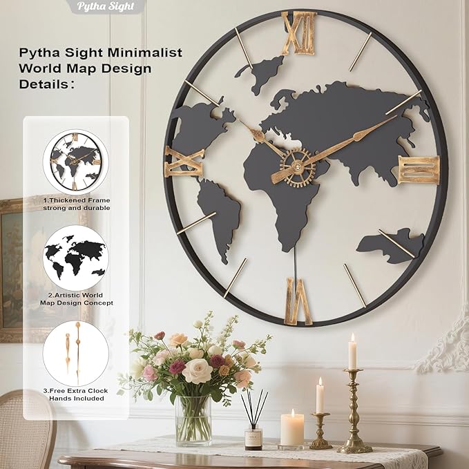 24 Inch Large Wall Clock,Modern Decorative Big World Map with Vintage Gold Roman Numeral Extra Giant Metal Oversized Wall Clocks for Living Room,Office,Kitchen,Dining Room,Bedroom-Ruum Studio Home