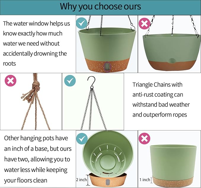 2 Pack Hanging Planters, 10 inch Indoor Outdoor Hanging Plant Pot Basket, Hanging Plastic Flower Pot with Drainage Hole with Removable Tray&Hooks for Hanging Plants,Green-Ruum Studio Home