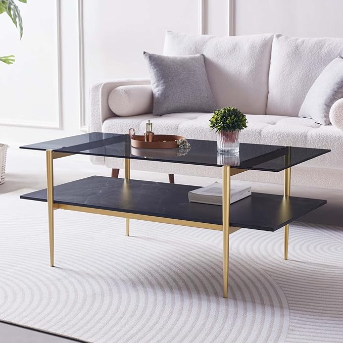 Rectangle Coffee Table for Living Room, Mid-Century Modern Design, L41 x W21 x H17, 2-Tier Structure, Clear Glass Top and Black Marble Wood Shelf, Conical Metal Legs with Gold Finish-Ruum Studio Home