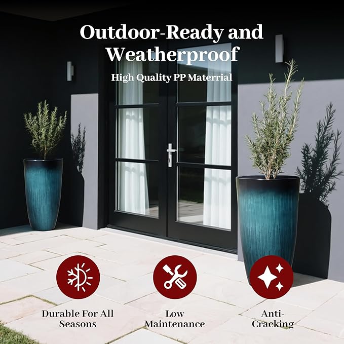 KOL 2-Pack 23.5" Plastic Planters, Gradient Blue Glossy Large Tall Plant Pots, Lightweight Decorative Flower Containers with Drainage Hole & Dual-Purpose Saucer – Indoor & Outdoor Use Front Porch-Ruum Studio Home