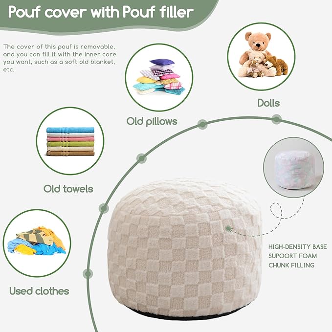 HIGOGOGO Round Stuffed Pouf Ottoman, Plaid Poufs with Foam Chunk Filling, Fluffy and Furry Pouf Foot Stool Storage Ottoman, 26 X 18 Floor Poufs Foot Rest for Living Room, Beige-Ruum Studio Home