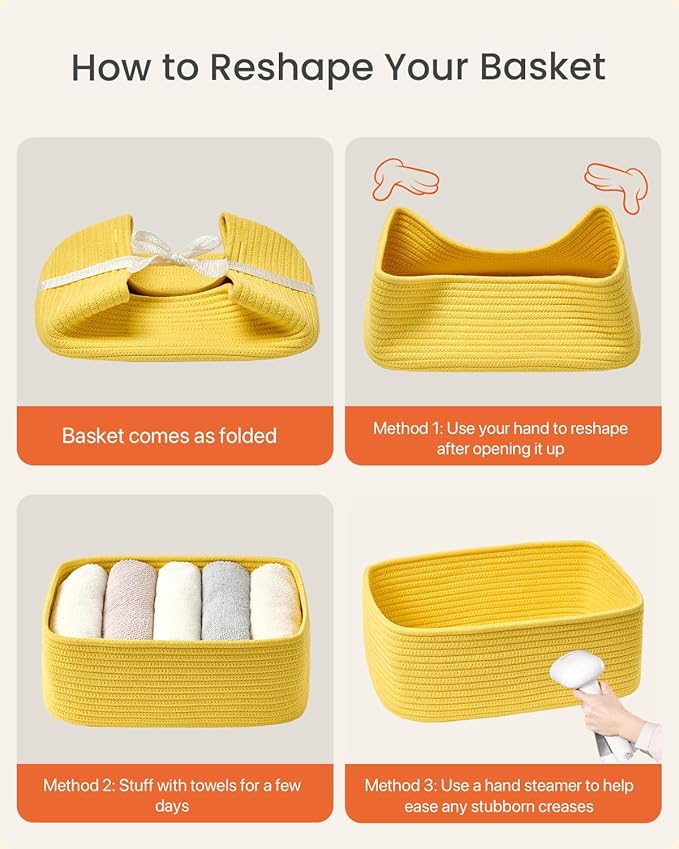 KALLAX Small Woven Basket, 13.5 x 9.5 x 5 Inches, Storage Basket for Organizing, Cute Small Rope Shelf Closet Cube Storage Bins Baskets for Shelves, Dog Toy Gift Baskets Empty, 3 Pack Yellow-Ruum Studio Home