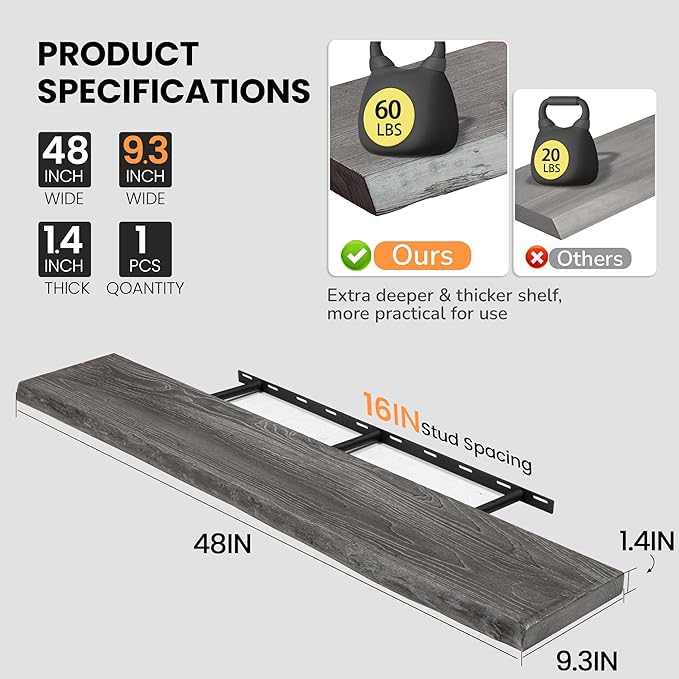 Fun Memories Floating Shelves for Wall, 48"x9.3" Rustic Solid Live-Edge Elm Wood Wall Shelves, Heavy-Duty Floating Shelves with Invisible Brackets for Living Room, Bedroom, and Kitchen, Grey Finish-Ruum Studio Home