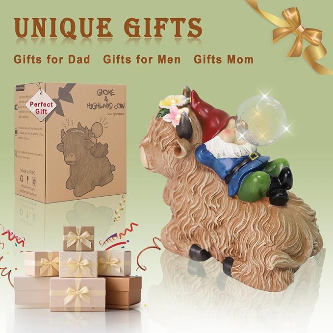 Solar Highland Cow Gnome Garden Decor Statue, Outdoor Funny Solar Light Decoration for Yard, Patio, Lawn, Unique Housewarming, Birthday Gift for Women, Mom, Grandma-Ruum Studio Home
