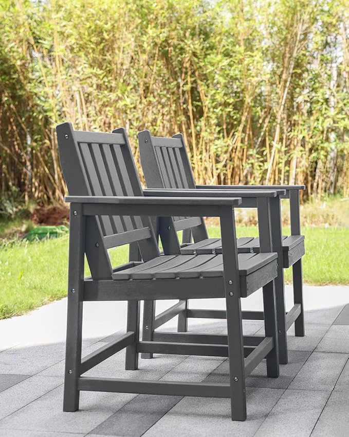Patio Dining Chair Set of 2, HDPE Outdoor Dining Chair, Ergonomic HDPE Dining Chairs with Deep Seating, All Weather Outdoor Chairs Furniture for Backyard, Deck, Garden, Poolside, Smoke Gray-Ruum Studio Home