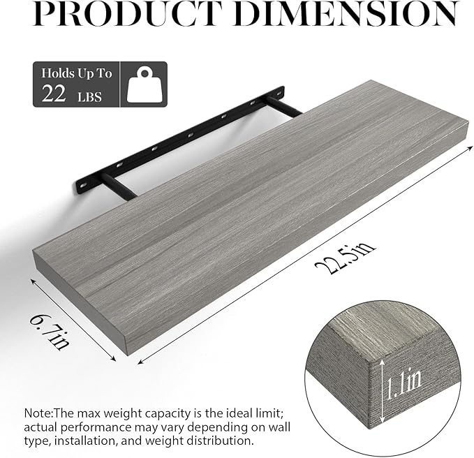BAYKA Floating Shelves, 22.5" Wall Mounted Wood Shelves for Bathroom, Bedroom, Living Room, Kitchen, Hanging Shelf for Books/Storage/Decor (Grey,Set of 2)-Ruum Studio Home