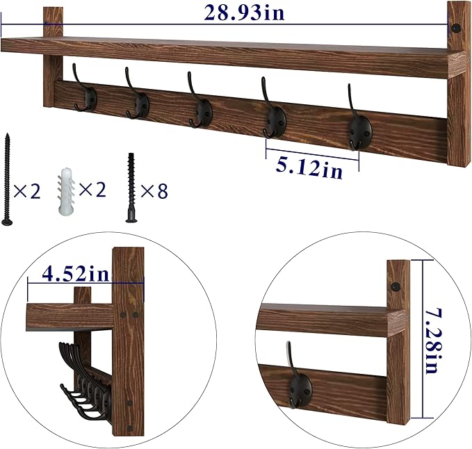 AMBIRD 28.9 Inch Length Shelf with Hooks Entryway Coat Rack Wall Mount Wood Coat Hooks with Shelf Wall-Mounted Coat Hook Rack with 5 Dual Hooks for Bathroom, Living Room, Bedroom (Brown)-Ruum Studio Home