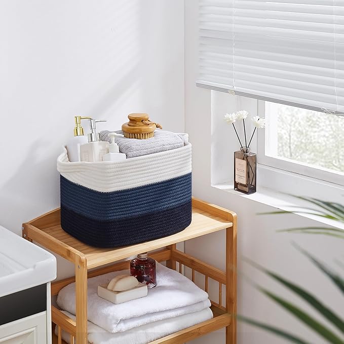 Storage Basket for Organizing, Woven Baskets for Storage, Rectangle Decorative Baskets for Shleves, Closet, Toys, Books, Nursery Organizer Bins - Pack of 3 (Gradient Blue)-Ruum Studio Home