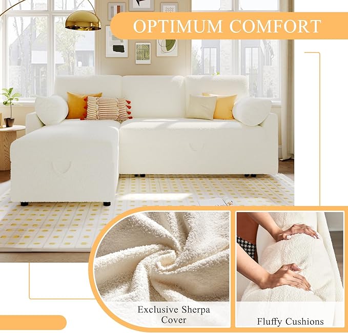 VanAcc Sofa Bed, Sleeper Sofa- 2 in 1 Pull Out Couch Bed with Storage Chaise for Living Room, White Sherpa 84in x 59in x 39in-Ruum Studio Home