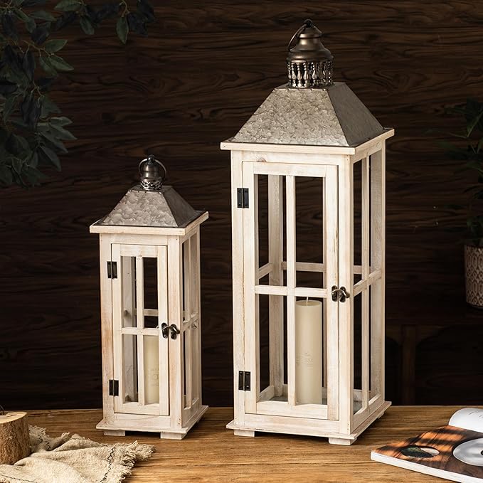 TIMRIS Large Rustic Wooden Decorative Lantern Set of 2, Modern Farmhouse Distressed Whitewash Floor Candle Lanterns, Indoor/Outdoor Hanging Lanterns for Home Decor (No Glass)-Ruum Studio Home
