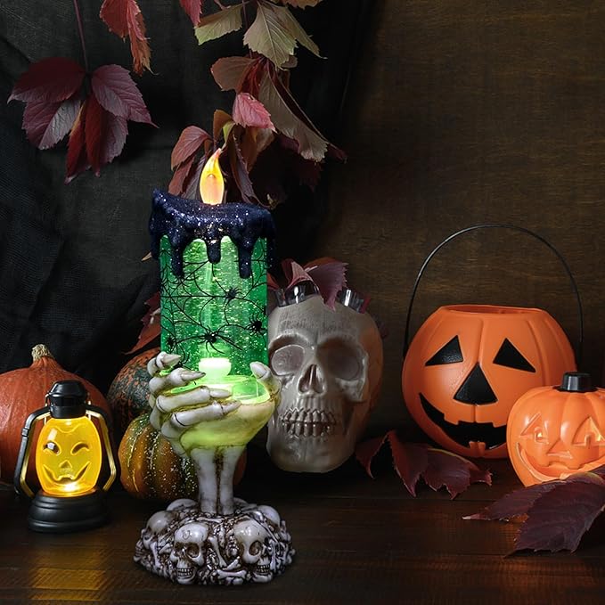 Eldnacele Halloween Snow Globe Candles Lighted Lamp USB Powered Battery Operated Spooky Spinning Water Glittering Tornado Flameless Candles Skeleton Hand Holder Halloween Centerpiece Decor(Spider)-Ruum Studio Home