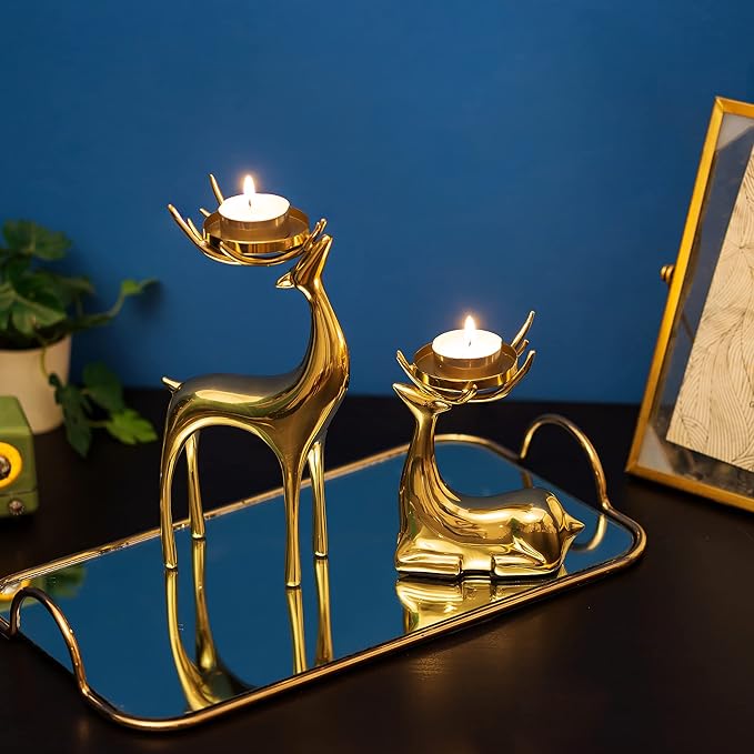 Sziqiqi Gold Reindeer Candle Holder for Pillar Candles Brass Reindeer Tealight Candle Holders Copper Deer Gift Christmas Decor for Table Centerpiece Living Room Mantle Decoration-Ruum Studio Home
