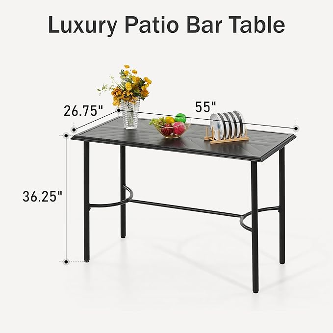 PHI VILLA Outdoor Patio Bar Table for 4-6, Counter Height Rectangle Bar Table with All Weather Metal Steel Frame Black for Outside, Yard, Garden and Deck-Ruum Studio Home