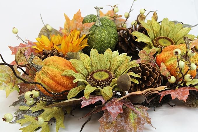 Admired By Nature 24 Inch Artificial Fall Pumpkin Sunflowers Wreath Wall Door Farmhouse Decor For Home Office Thanksgiving Harvest Wreaths For Front Door Cemetery Wreaths Indoor Outdoor, Green/Autumn-Ruum Studio Home