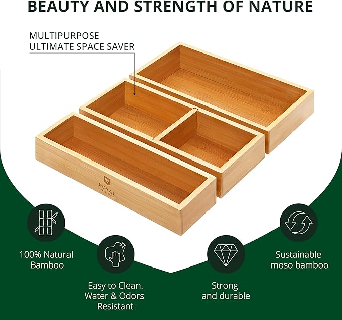ROYAL CRAFT WOOD Luxury Bamboo Drawer Organizer Storage Box, Bin Set - Multi-Use Drawer Organizer for Kitchen, Bathroom, Office Desk, Makeup, Jewelry (3 Boxes)-Ruum Studio Home