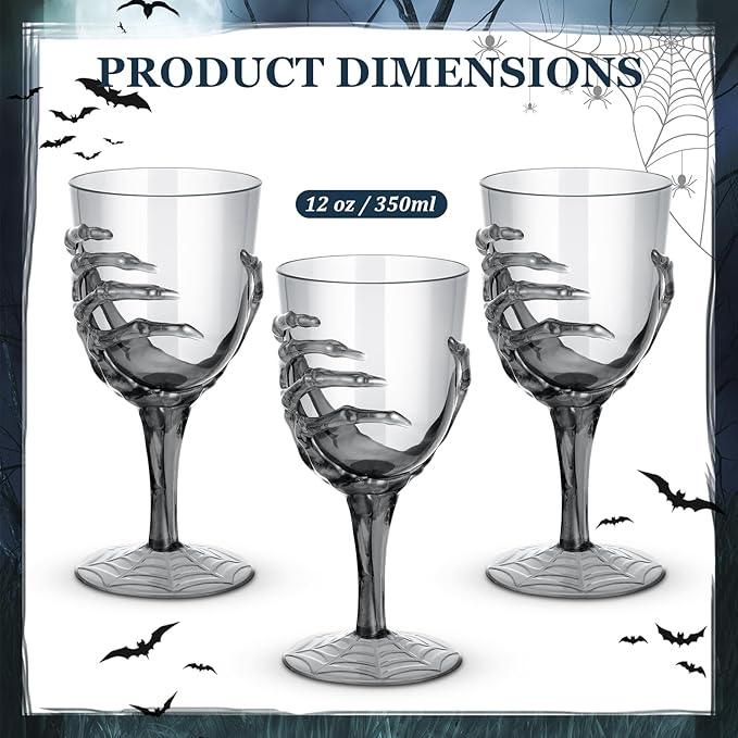 Dandat 6 Pcs Halloween Skeleton Hand Goblets 12oz Clear Plastic Halloween Cups Skull Wine Glass Set for Creepy Spooky Party Decorations (Black)-Ruum Studio Home