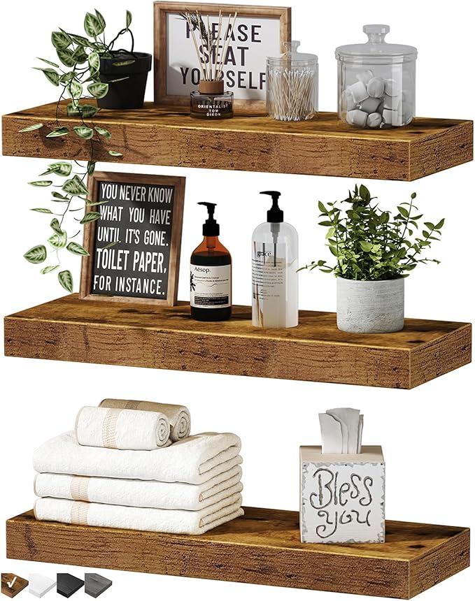 QEEIG Floating Shelves for Wall Bathroom Shelf Bedroom Kitchen Living Room Hanging Book Shelves Small Farmhouse Decor 16 inch Set of 3, Rustic Brown (015-BN3)-Ruum Studio Home