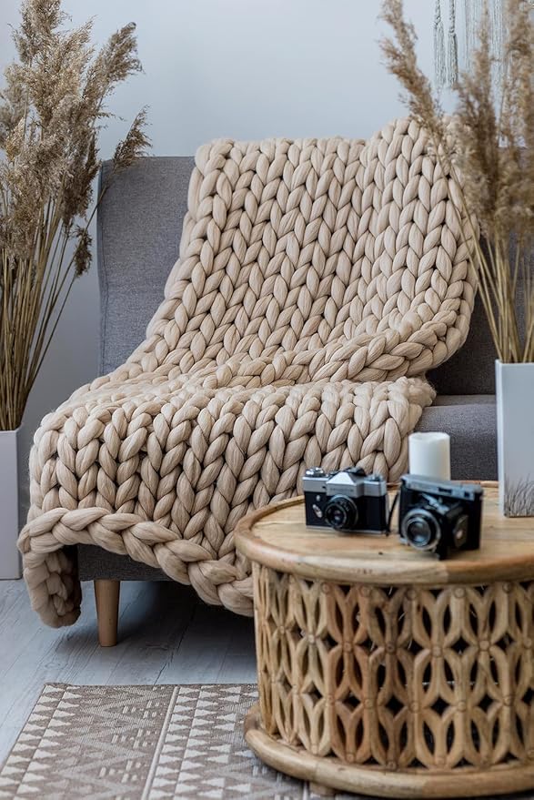 Knitted Throw Blanket for Sofa,Handmade Knit Chunky Blanket Throw Sofa Throw for Gift Sofa Bed,Chunky Knit Blanket(Camel 40 inch x60 inch ),100x150 cm-Ruum Studio Home