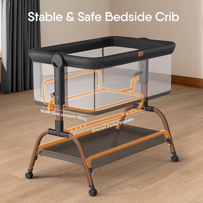 Baby Bassinet Bedside Crib, 3-in-1 Baby Bassinet Bedside Sleeper with Mattress and Soft, Breathable Sheet, Full-Mesh Sides, 6-Height Adjustable, Stable and Secure Crib for Newborns-Ruum Studio Home