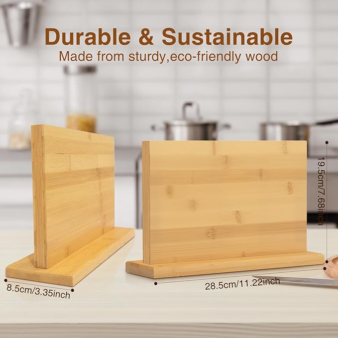 Magnetic Knife Block 28 x 19 Inches, Double Sided Magnetic Knife Holder Rack for Kitchen Counter, Acacia Wood Magnetic Knife Storage Stand with Knife Sharpener-Ruum Studio Home