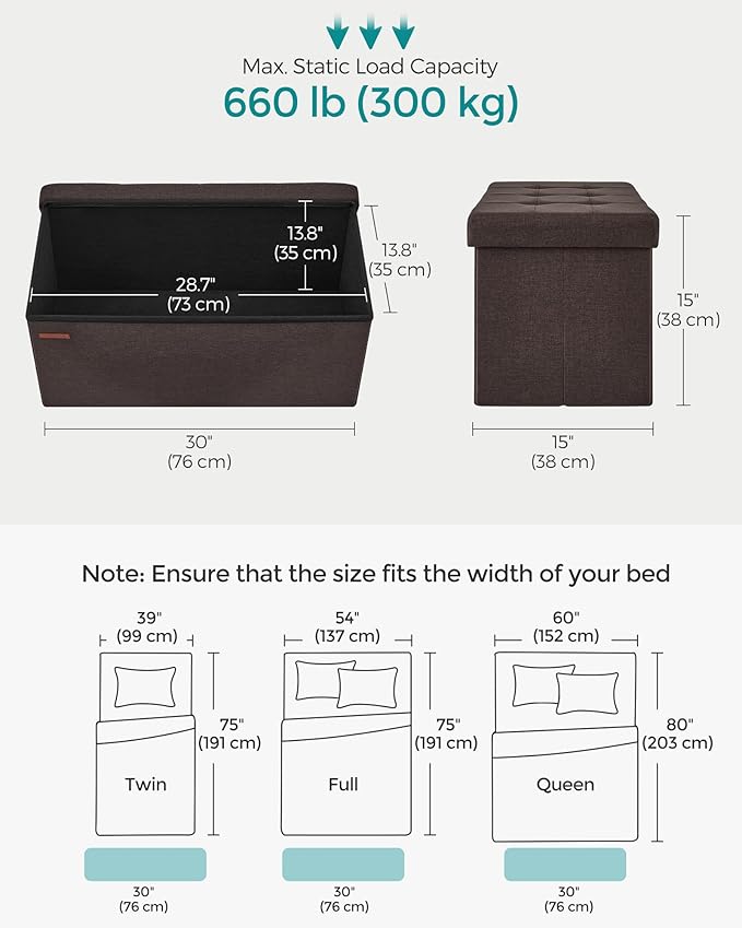 SONGMICS Mazie Collection - 30 Inches Folding Storage Ottoman Bench, Ottoman Foot Rest, End of Bed Bench, Storage Chest, Load 660 lb, for Living Room, Bedroom, Entryway, Brown ULSF047K02-Ruum Studio Home