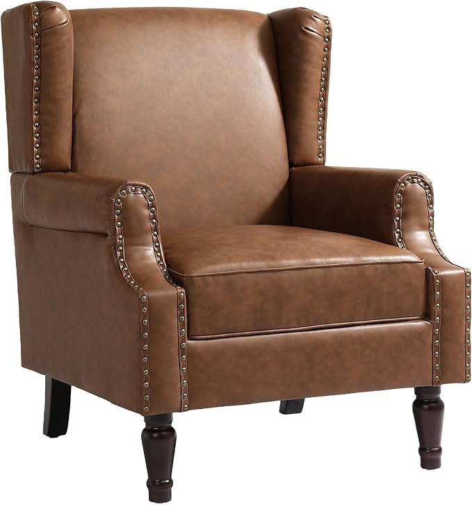 UIXE PU Leather High Back Accent Chairs Set of 2, Upholstered Armchair for Living Room, Retro Wingback Arm Chair Nailhead Trim Single Sofa Bedroom Reading Seat - Brown-Ruum Studio Home