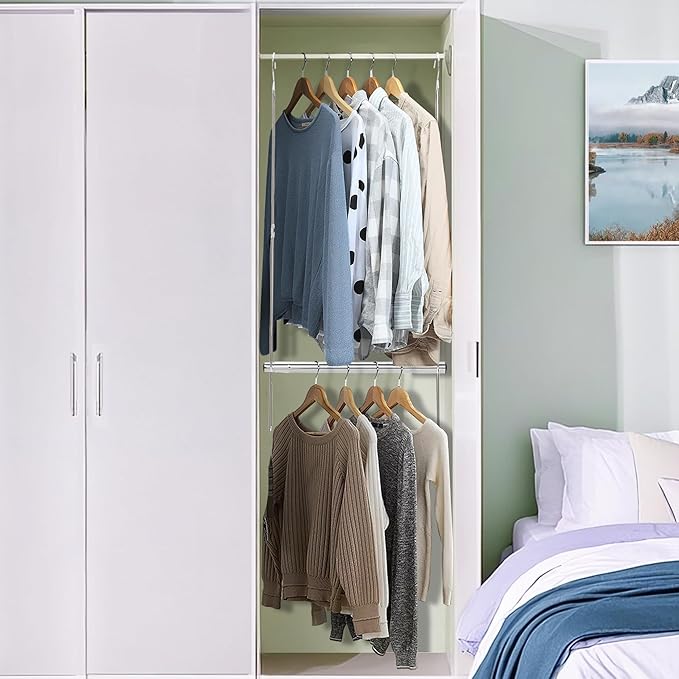 STORAGE MANIAC Hanging Closet Rod, Adjustable Width and Height Closet Hanging Organizer, Space-Saving Clothes Hanging Bar, Closet Extender Hanging Rod Double Closet Hanging Rod, 2 Pack Chrome-Ruum Studio Home