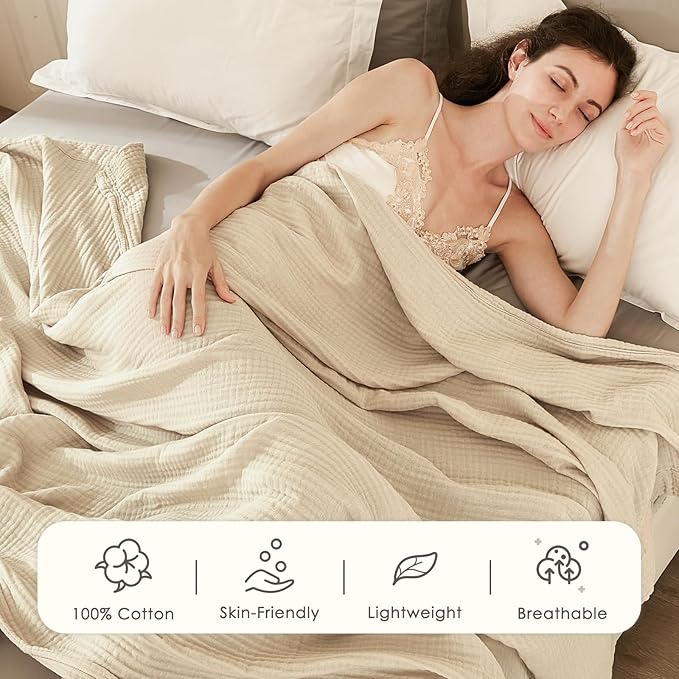 EMME Cotton Muslin Blanket Twin XL - 66"x90" Lightweight Breathable Layering Blanket Bedspread Coverlet All Season Gauze, Light Tan-Ruum Studio Home