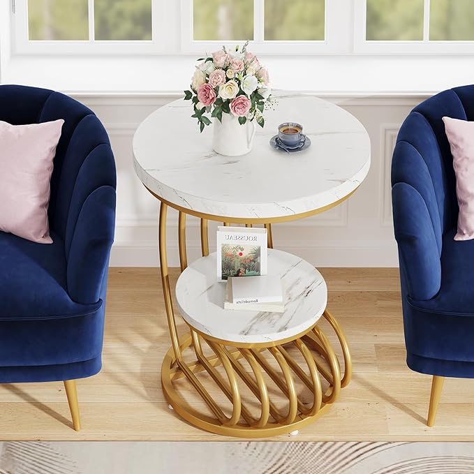 Tribesigns Gold Round End Table: 2 Tiers Faux Marble Side Table with Storage Shelf, Modern White Gold Bedside Nightstand, Metal Arc-Shaped Frame Accent Table for Living Room, Bedroom-Ruum Studio Home