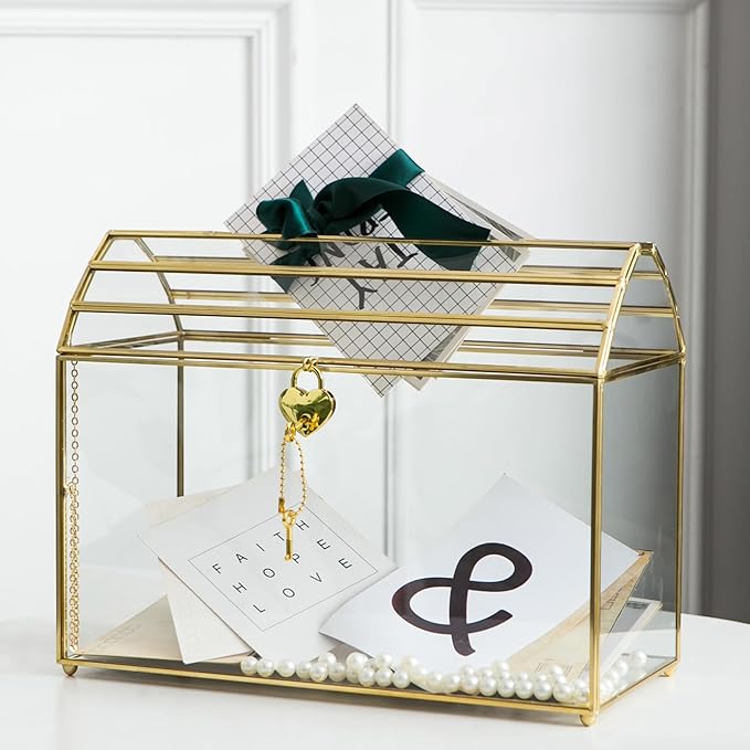 Wedding Card Box with Slot, 12.2'' Large Glass Card Boxes for Reception, Gold Card Holder, Clear Decorative Storage Box with Lock for Baby Shower, Birthday Party, Christmas, Bridal Shower-Ruum Studio Home