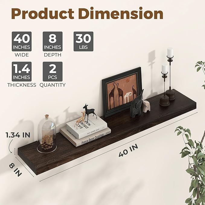 Axeman Floating Shelves for Wall - 40''W x 8'' D Rustic Solid Elm Wood Shelves for Storage, Wall Mounted Display Shelving with Invisible Heavy-Duty Metal Bracket (Walnut, 2PCs)-Ruum Studio Home