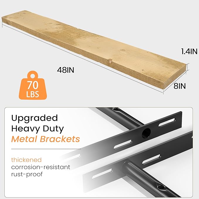Fun Memories Floating Shelves for Wall Decor, 48"x8" Rustic Reclaimed Wood Shelves, Heavy-Duty Wall Mounted Shelves with Invisible Brackets for Living Room, Bedroom, Kitchen, Natural Finish, Set of 2-Ruum Studio Home