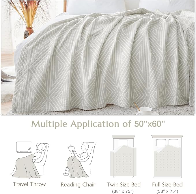 jinchan Boho 100% Cotton Blanket Muslin 50x60 Inches Lightweight 3-Layer Geometric Triangle Striped Pattern Reversible Quilt Throw Soft Breathable Comfy All Seasons for Couch Bed Decor, Light Grey-Ruum Studio Home