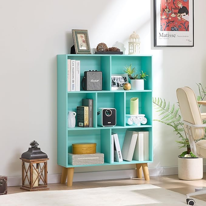 LEYAOYAO 7 Cube Bookshelf 3-Tier Bookcase with Legs, Mint-Green Kids Book Shelf Cute Storage Organizer, Toy Shelves Bookshelves,Wood Display Bookcases-Ruum Studio Home