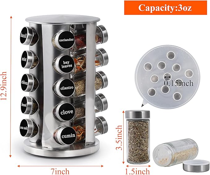 DOUBLE 2 C Revolving Spice Rack with 20 Jars, Rotating Spice Rack Organizer, Seasoning Organizer with Labels, Stainless Steel Spice Carousel for Kitchen Countertop, Cabinet-Ruum Studio Home