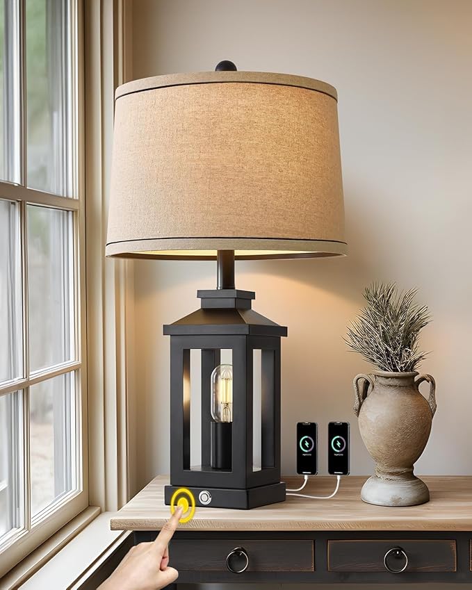 23.75" Retro Farmhouse Black Table Lamp for Living Room Bedroom Nightstand Single Pack Touch Control Bedside Nightlight Vintage Modern Lamp with USB C+A Ports and 2 Light Sources-Ruum Studio Home