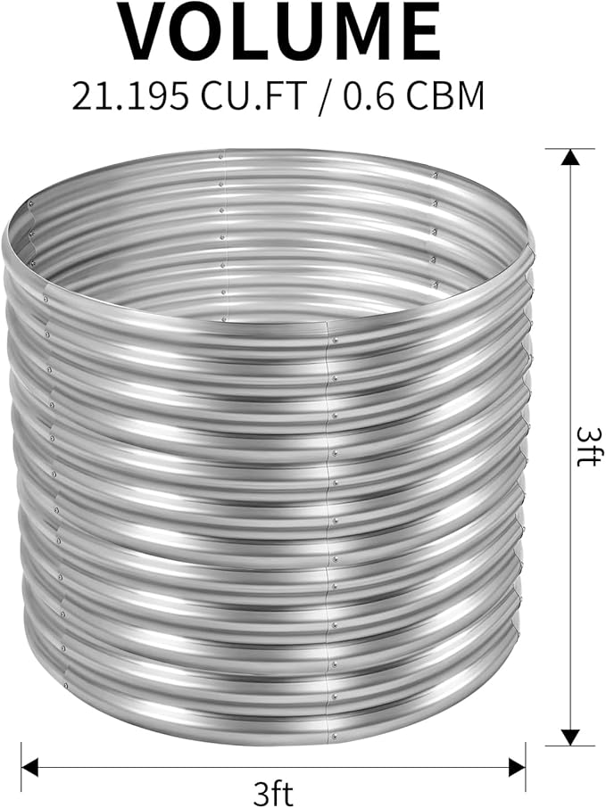 Land Guard 3×3×3ft Galvanized Raised Garden Bed Kit, Round Galvanized Planter Raised Garden Boxes Outdoor, Large Metal Raised Garden Beds for Vegetables, Silver-Ruum Studio Home